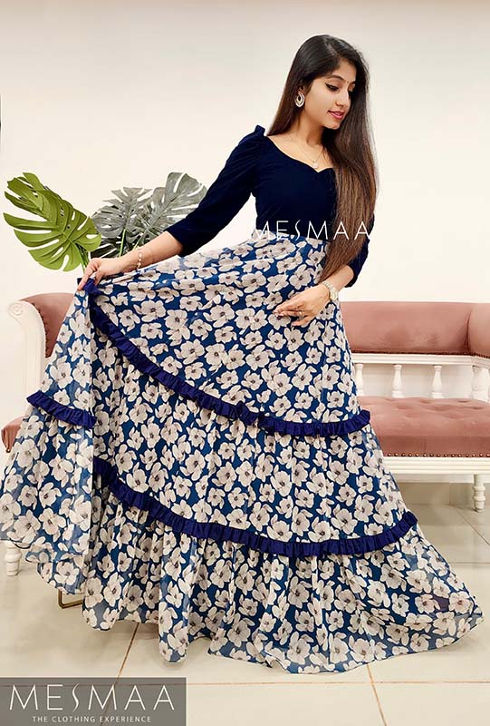 Navy blue white floral gown