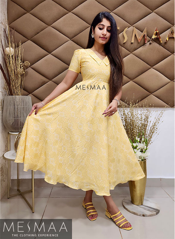 Yellow white printed dress