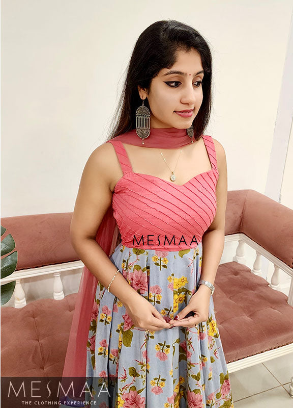 Grey candy pink flared anarkali