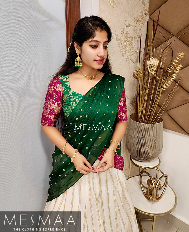 Half white purple green half saree