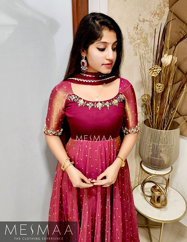 Burgundy tissue anarkali