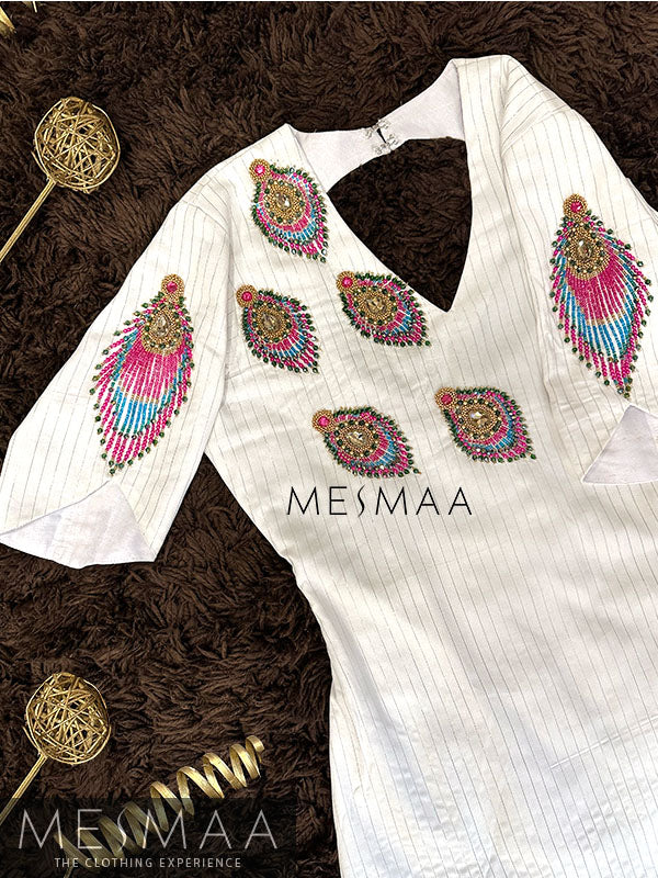 White peacock feather Kurti