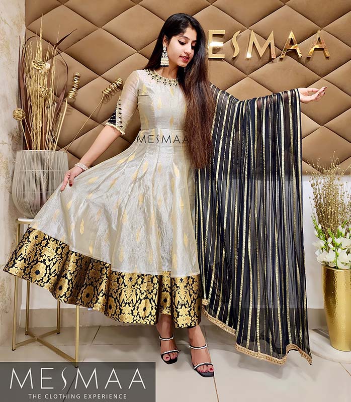 Silver black tissue anarkali