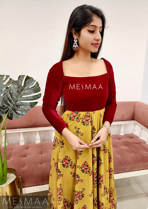 Deep red mustard floral gown