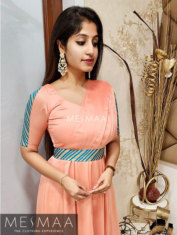 Peach copper sulphate blue saree gown