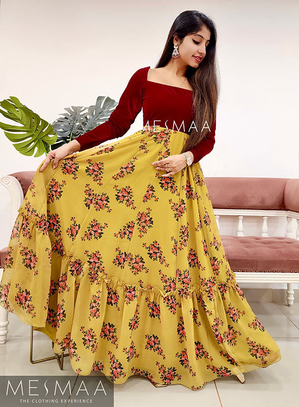 Deep red mustard floral gown