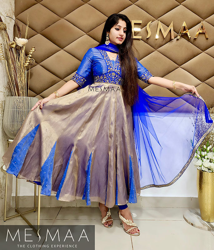 Royal Blue gold tissue anarkali