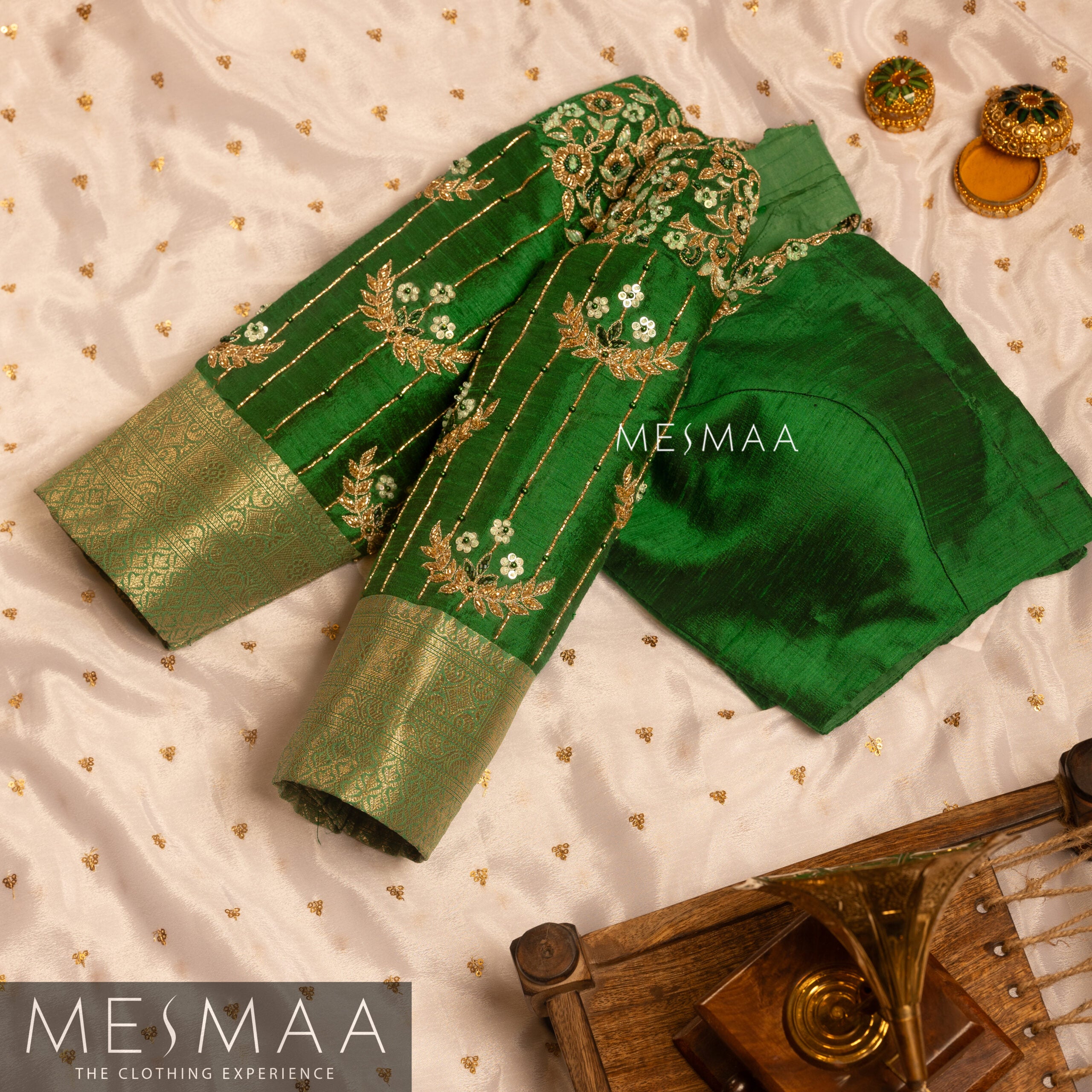 Bottle green mint green bridal half saree