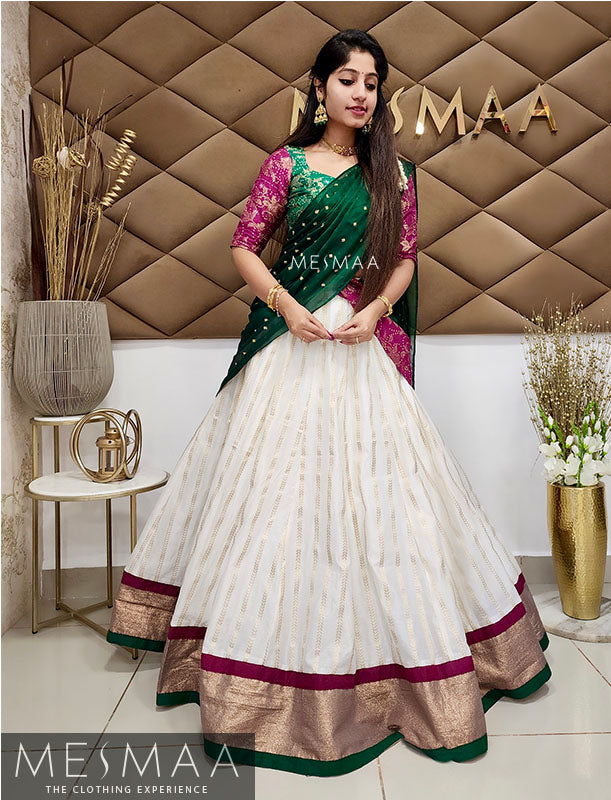 Half white purple green half saree