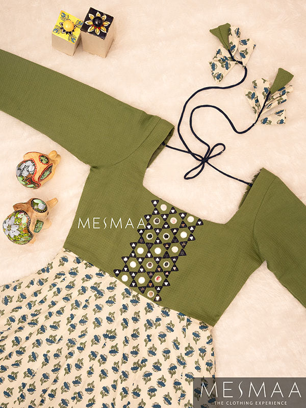 Olive green white navy blue anarkali