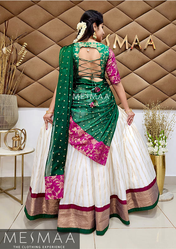 Half white purple green half saree
