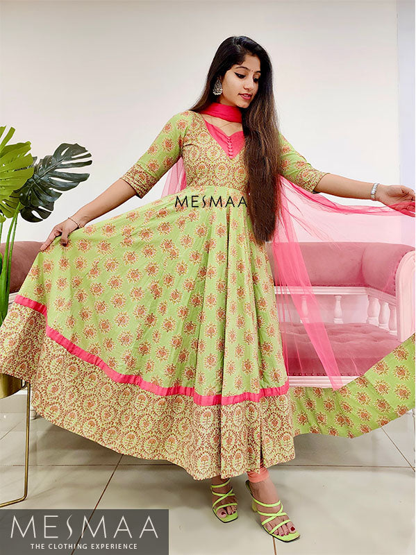 Mint green candy pink flared anarkali