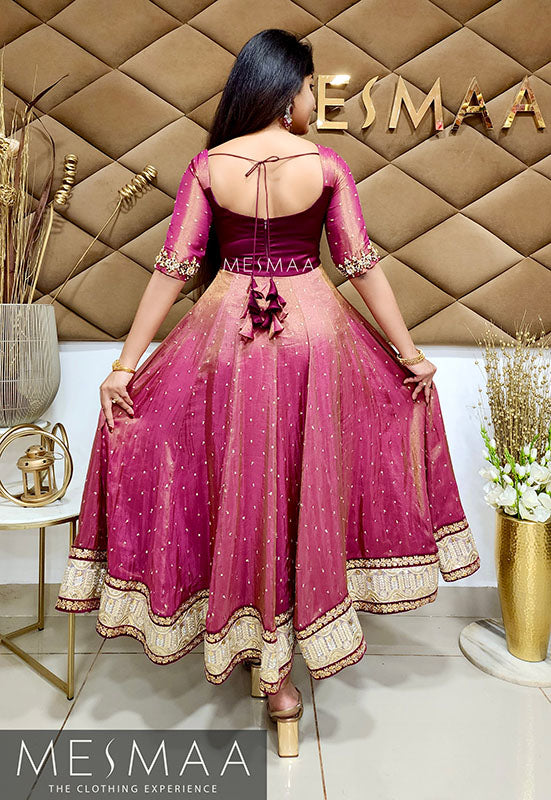 Burgundy tissue anarkali