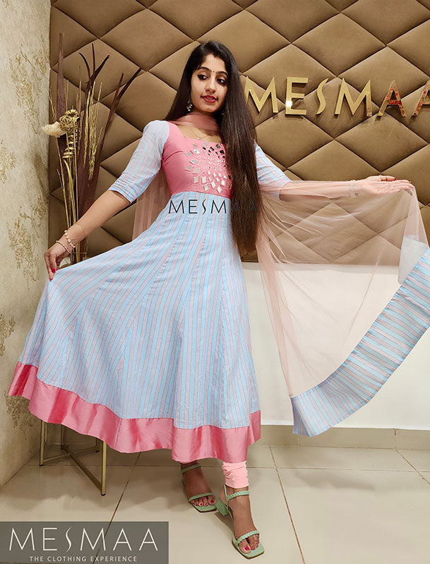Blue pink striped anarkali