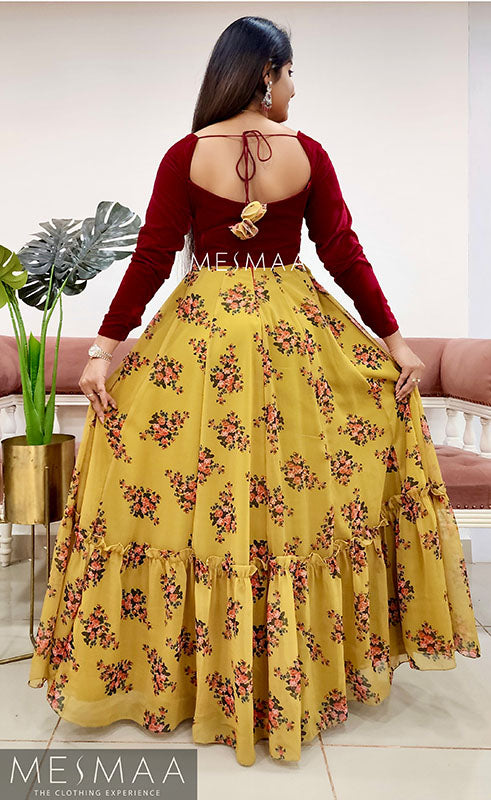 Deep red mustard floral gown