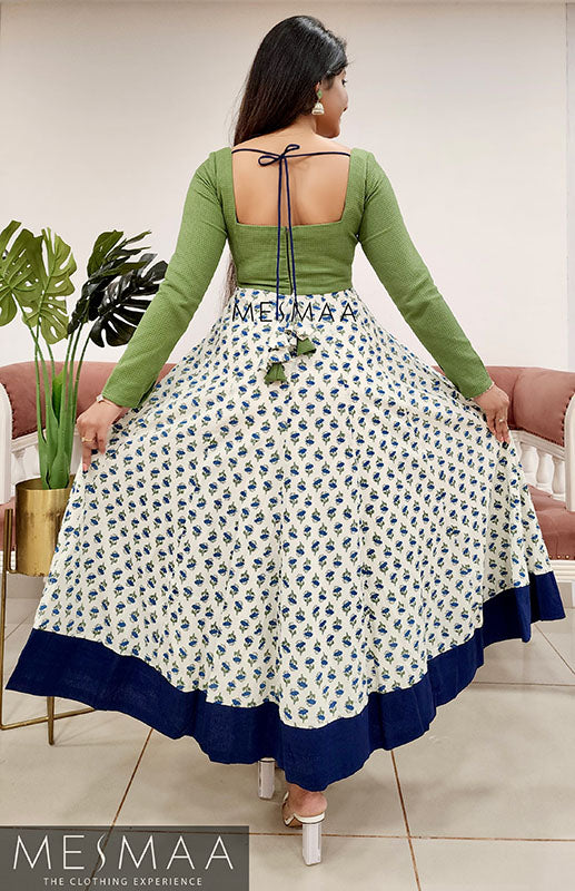 Olive green white navy blue anarkali