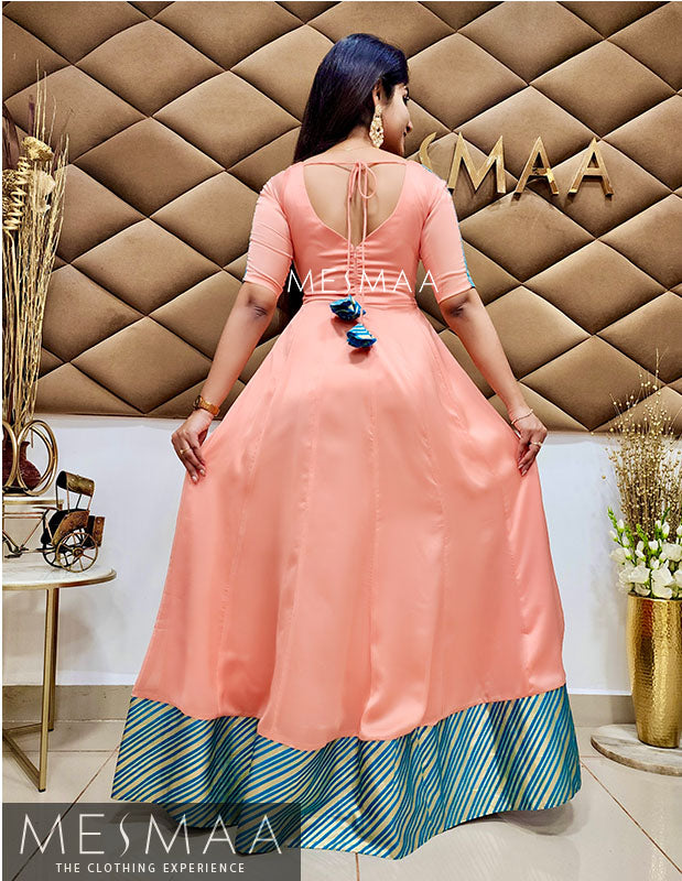 Peach copper sulphate blue saree gown