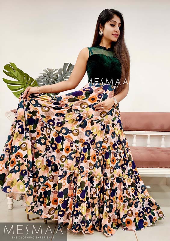 Bottle green peach floral gown