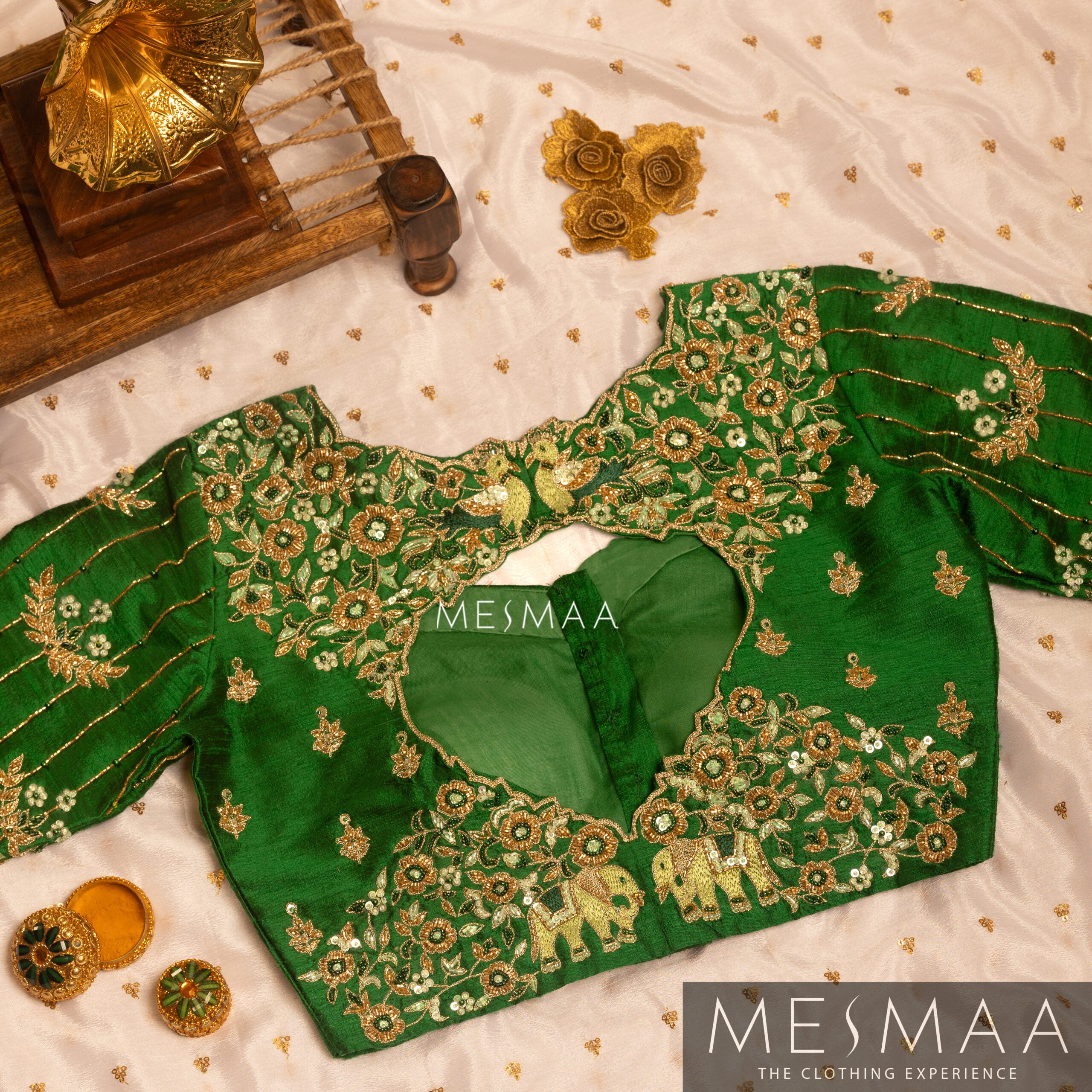 Bottle green mint green bridal half saree