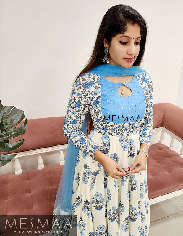 Ice blue white flared anarkali