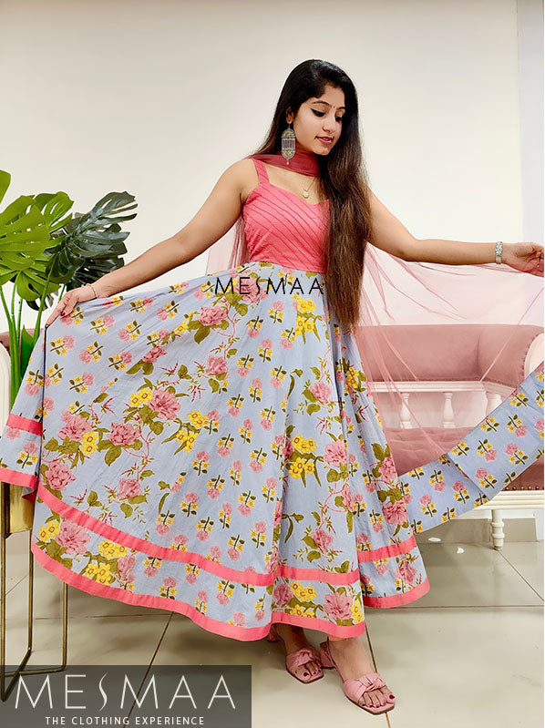 Grey candy pink flared anarkali