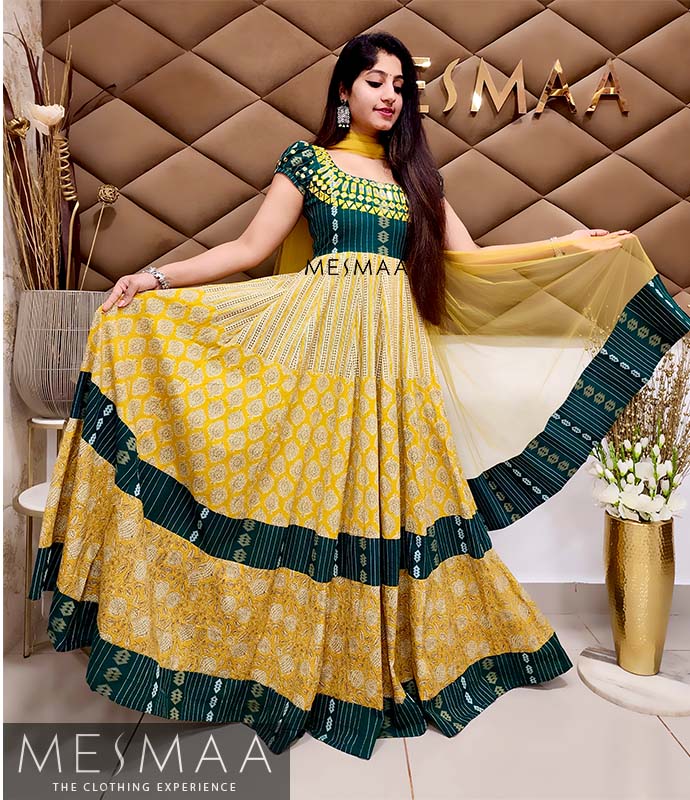 Yellow bottle green floor length dress