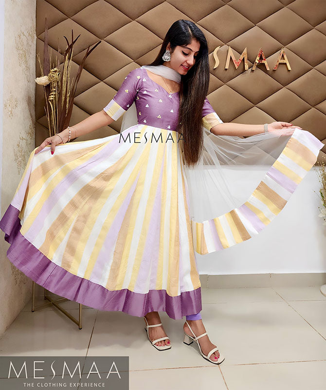 Lavender white yellow striped anarkali
