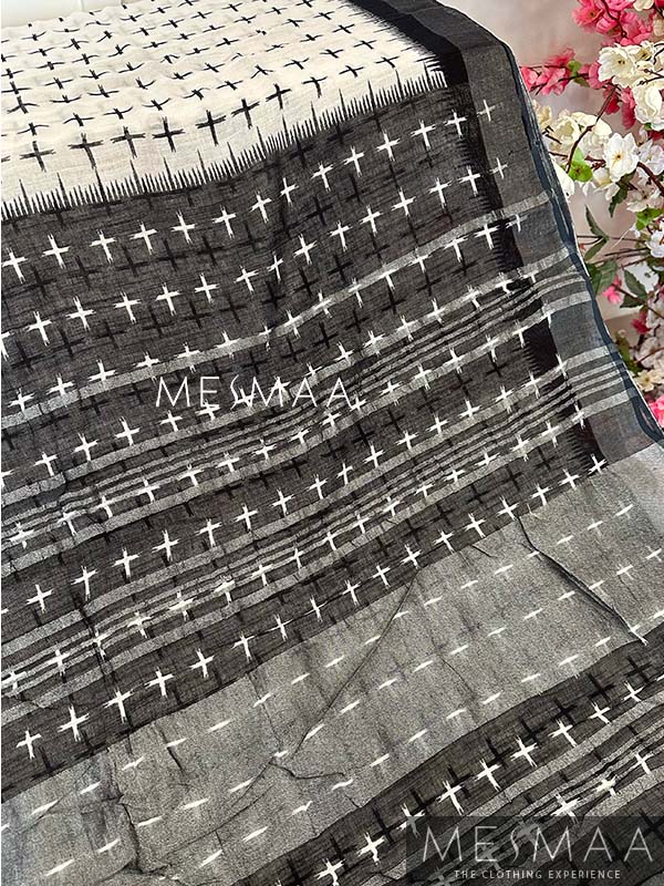 Ikat black and white saree