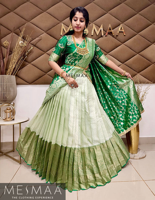 Bottle green mint green bridal half saree