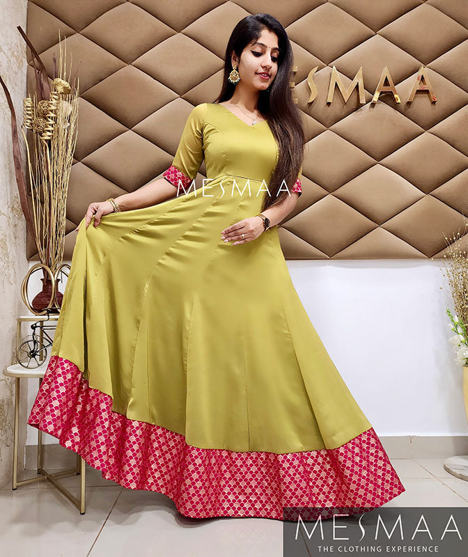Olive green reddish pink saree gown