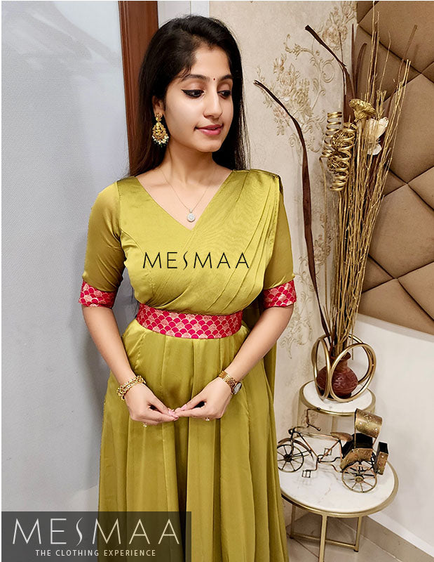 Olive green reddish pink saree gown