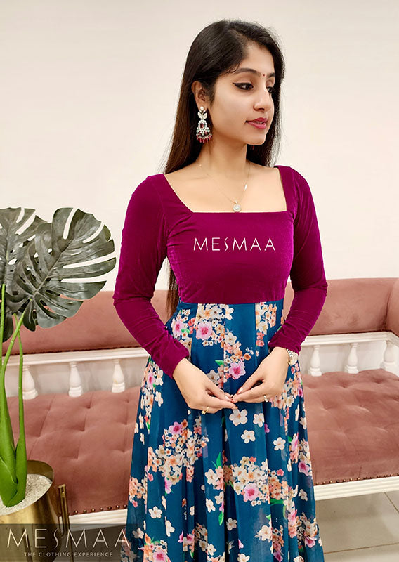 Purple peacock blue floral gown