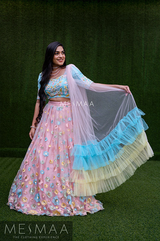 Peach pastel blue bridal lehenga