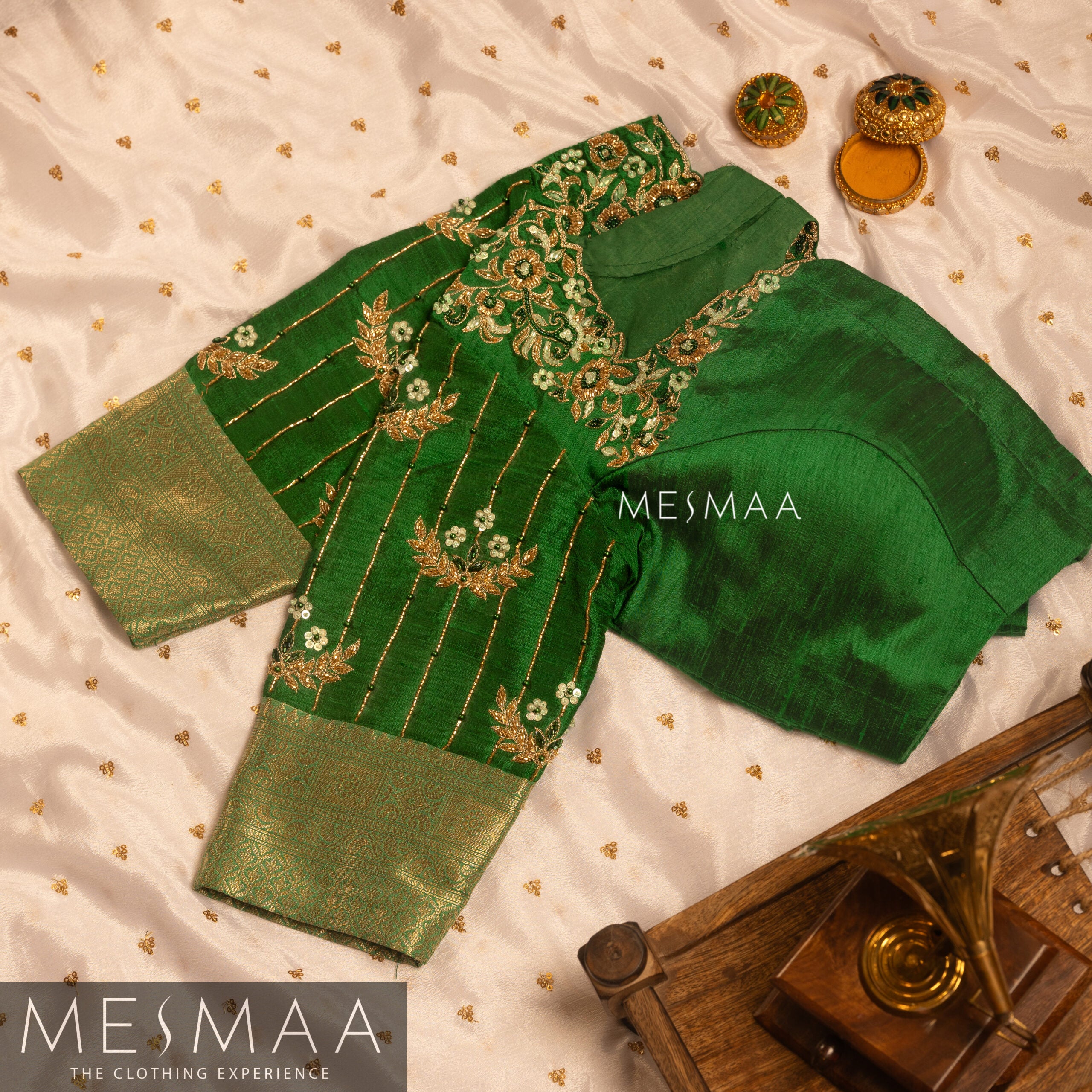 Bottle green mint green bridal half saree