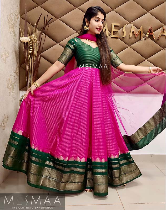 Pink bottle green floor length dress