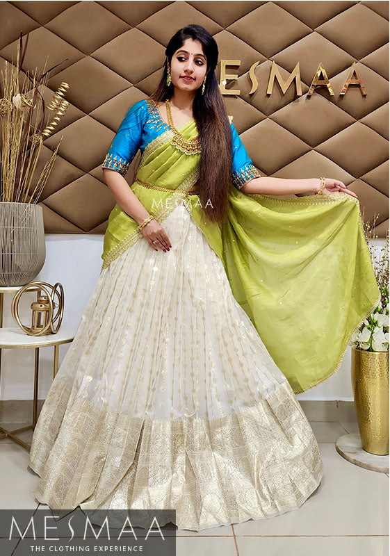 Creamy white Blue green half saree