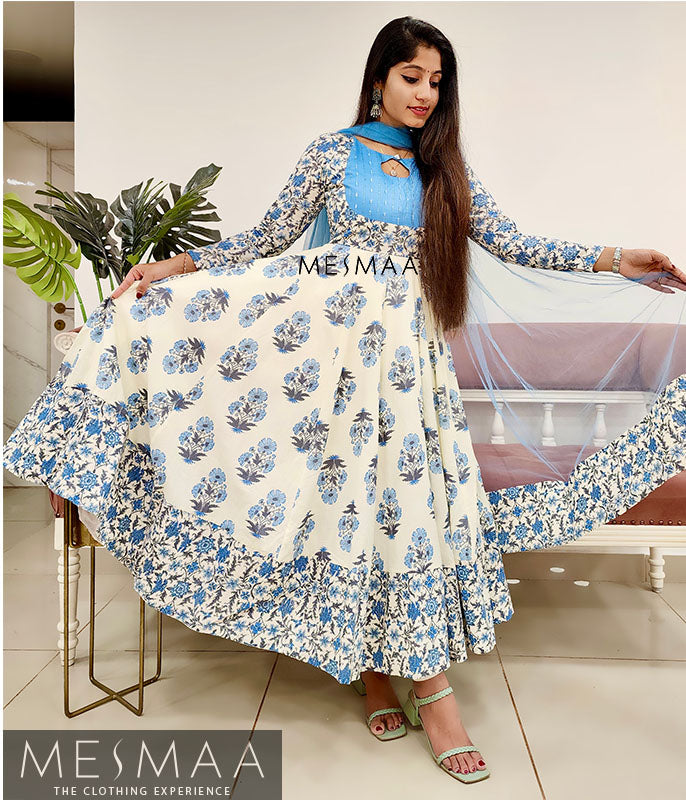 Ice blue white flared anarkali