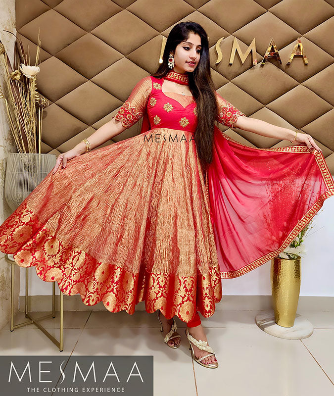 Red gold tissue anarkali