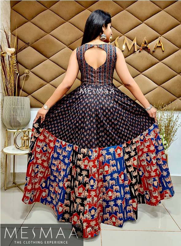 Black brick red indigo floor length dress