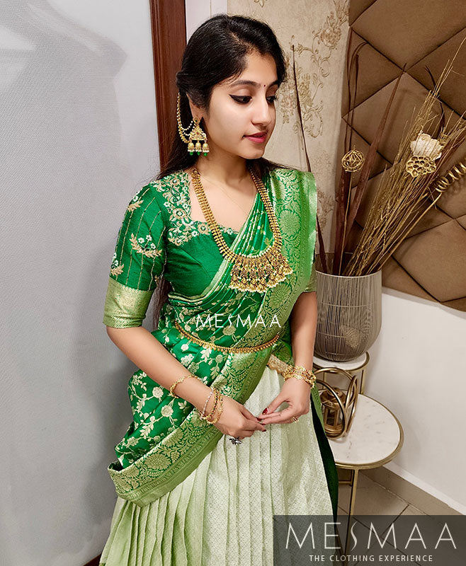 Bottle green mint green bridal half saree