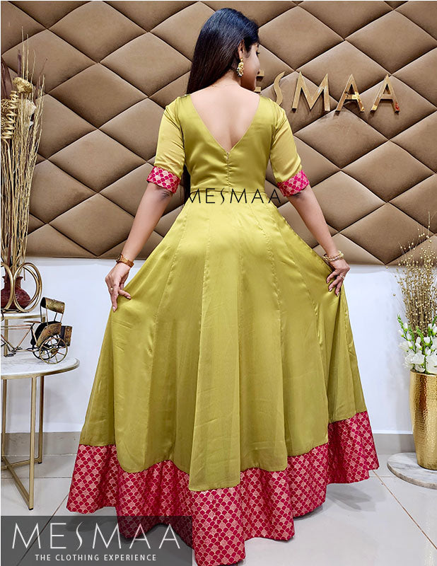 Olive green reddish pink saree gown