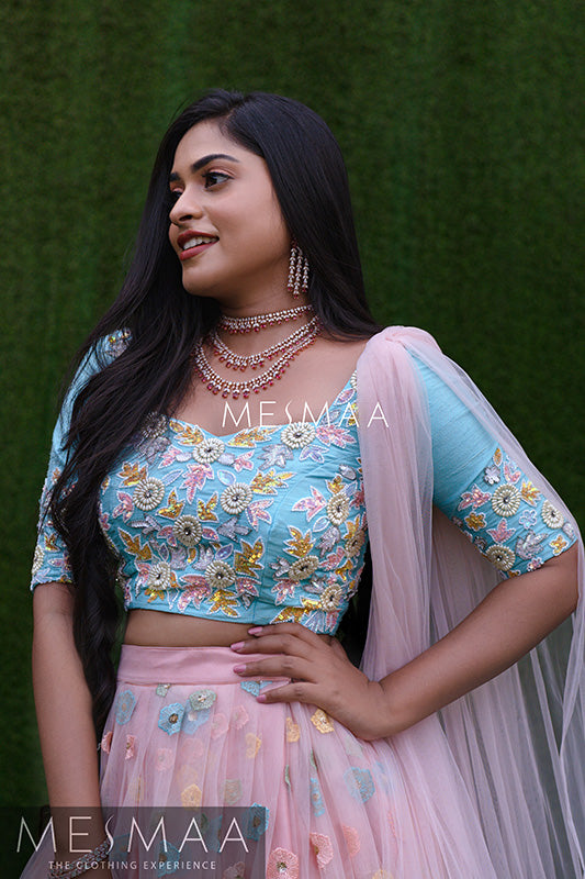 Peach pastel blue bridal lehenga