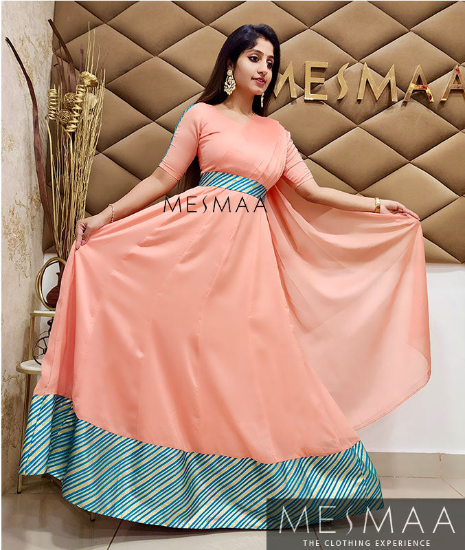 Peach copper sulphate blue saree gown