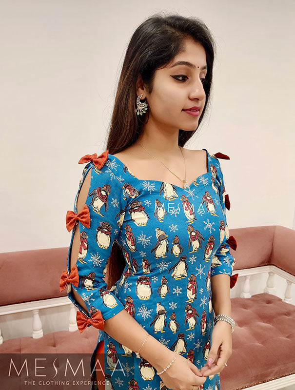 Blue orange penguin Kurti