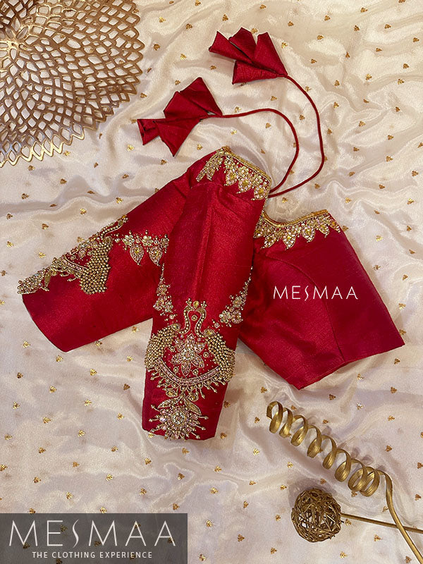 Crimson red peach bridal half saree