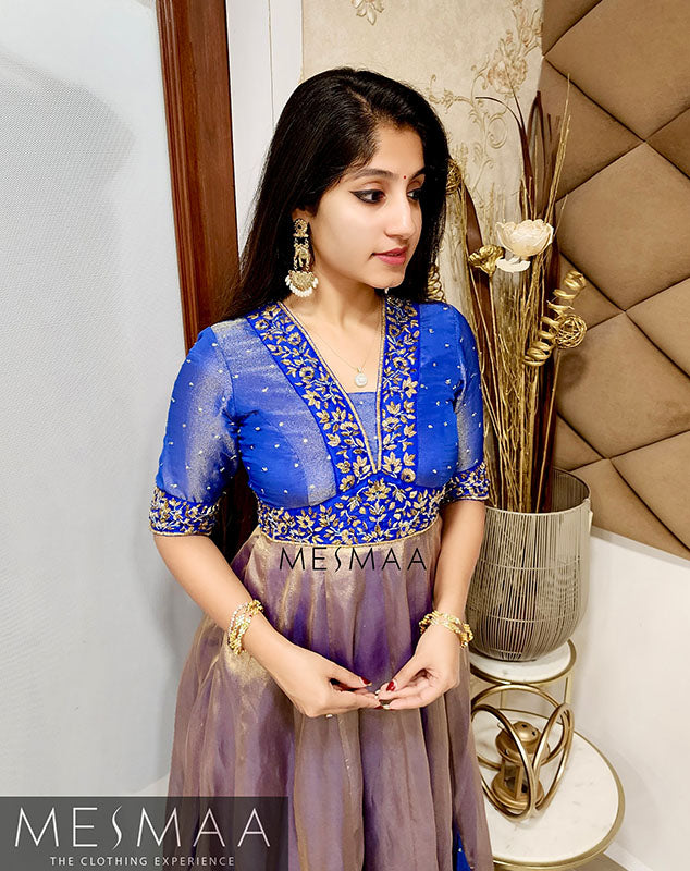Royal Blue gold tissue anarkali