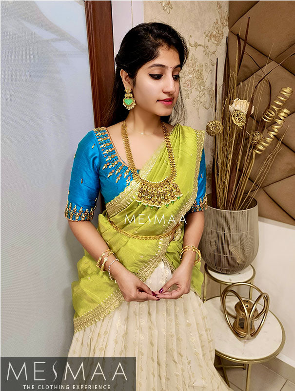 Creamy white Blue green half saree