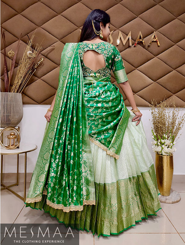 Bottle green mint green bridal half saree