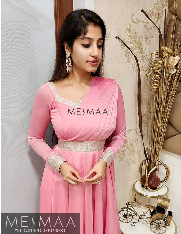 Pink white saree gown