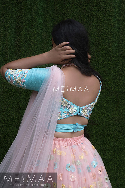 Peach pastel blue bridal lehenga